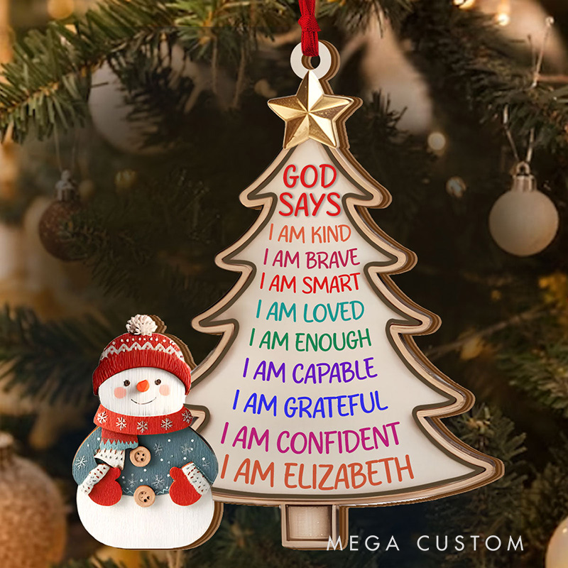 Personalized God Says I am Snowman Christmas Tree Ornament with Name 2-Layered Wooden Family Hanging Decoration Christian Gift for Christmas