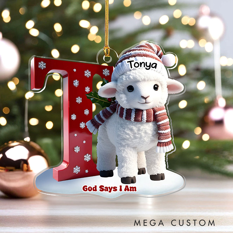 Personalized God Says I am Lamb Acrylic Ornament with Name and Initial Holiday Tree Decor Christmas Gift for Christian