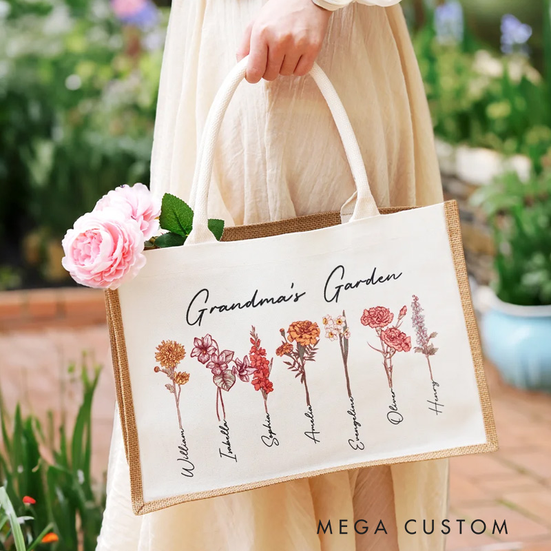 Personalized Birth Flowers Garden Jute Tote Bag with Names Birthday Mother's Day Gift for Woman Gardening Lovers Gift 