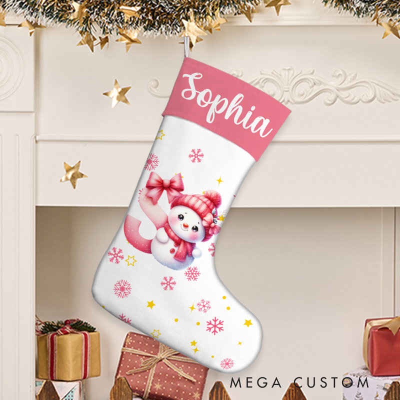 Personalized Cute Cartoon Santa Hat Snowman Initial Christmas Stocking with Name Christmas Gift