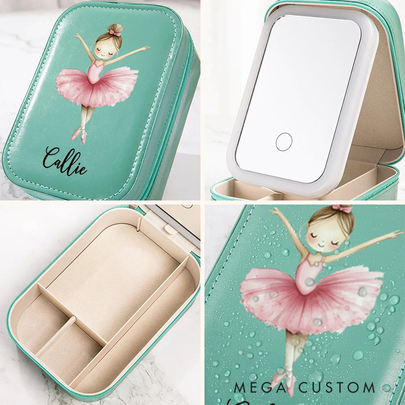 Personalized Cartoon Ballerina Girl Leather Jewelry Box with LED Makeup Mirror Hair Pin Case Birthday Wedding Gift for Women