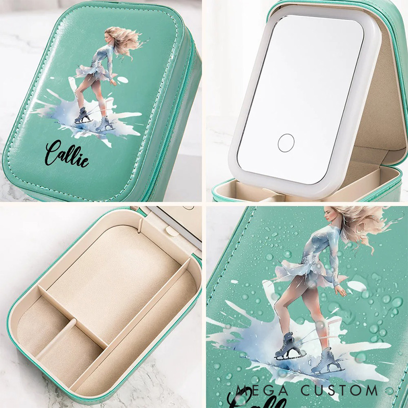Personalized Cartoon Skating Girl Leather Jewelry Box with LED Makeup Mirror Hair Pin Case Birthday Wedding Gift for Women