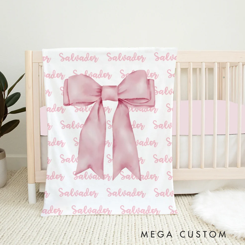 Personalized Girly Pink Coquette Bow Soft Throw Blanket with Repeating Names Trendy Home Decor Birthday Gift for Women Girls