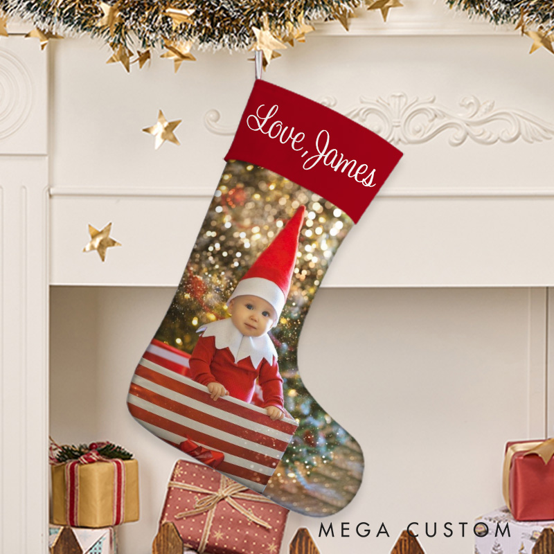 Personalized Cute Christmas Stocking with Photo and Name Christmas Tree Decoration Gift for Kids Family