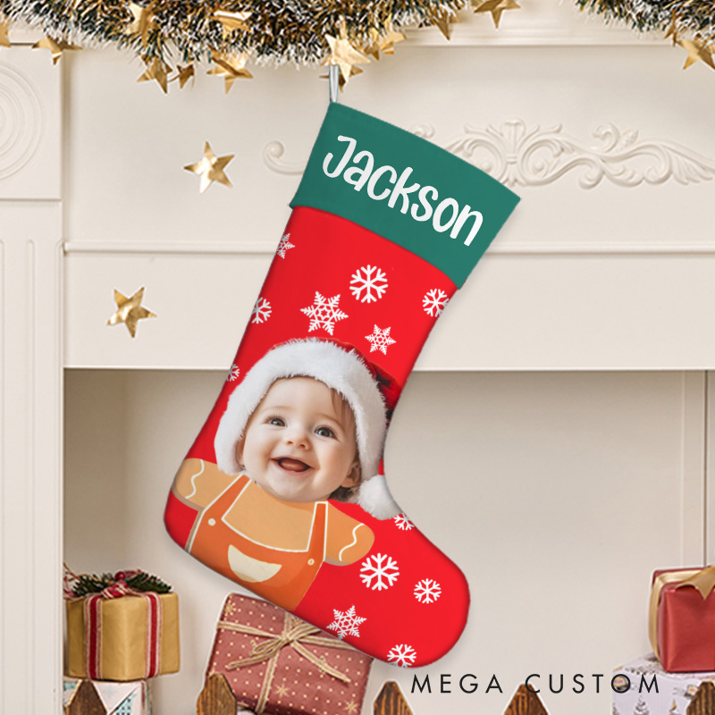 Personalized Cute Snowflake Snowman Christmas Stocking with Photo Name Christmas Tree Decor Gift for Family Friends