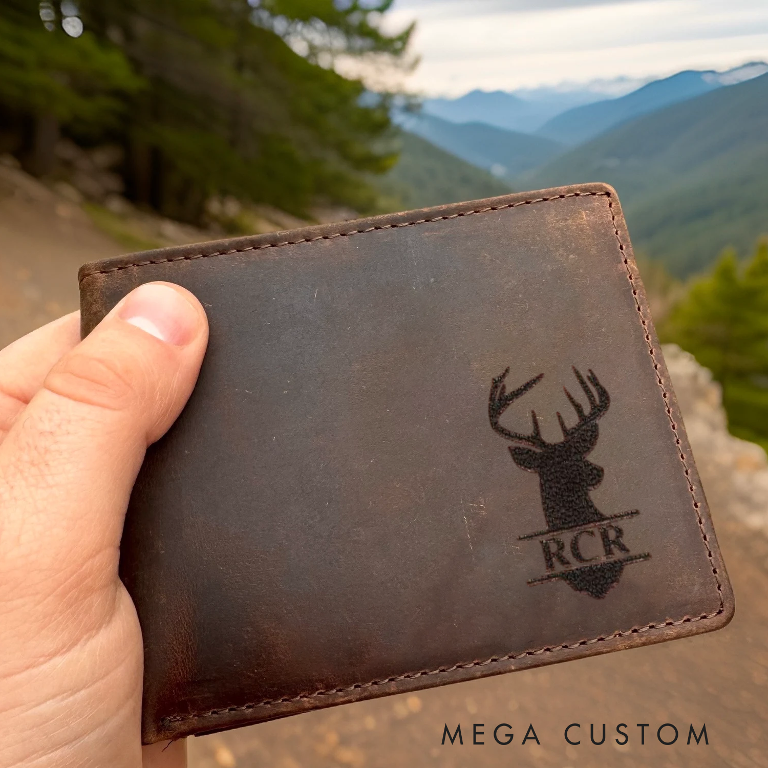 Personalized Rustic Leather Bi-Fold Wallet Deer Hunting Design Wallet Custom Mens Crazy Horse Leather Wallet Gift for Boyfriend Husband