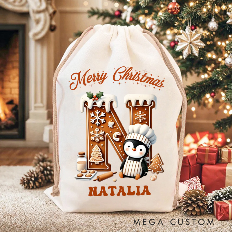Personalized Gingerbread Penguin Alphabet Christmas Bag with Name Gingerbread Christmas Sack Holiday Santa Sack for Baking Lovers Christmas Gift