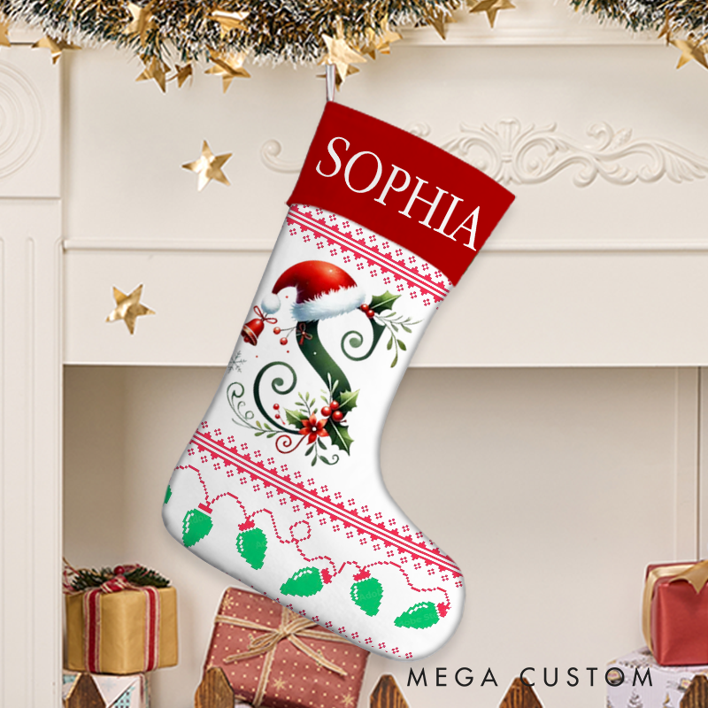 Personalized Bell Santa Hat Initial Christmas Stocking with Name Text Christmas Party Gift