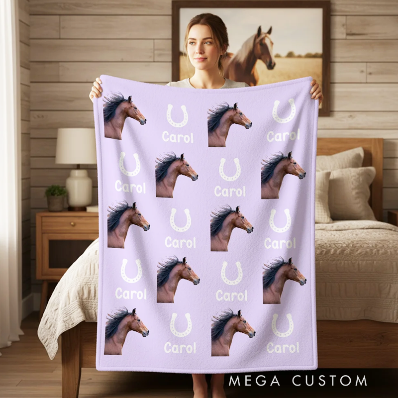 Personalized Horseshoe Horse Face Photo Multicolor Soft Throw Blanket with Name Birthday Anniversary Gift for Horse Owner Lover