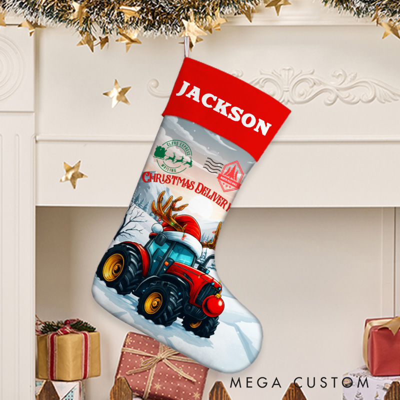 Personalized Festive Tractor and Reindeer Christmas Stocking with Custom Name for Holiday Cheer