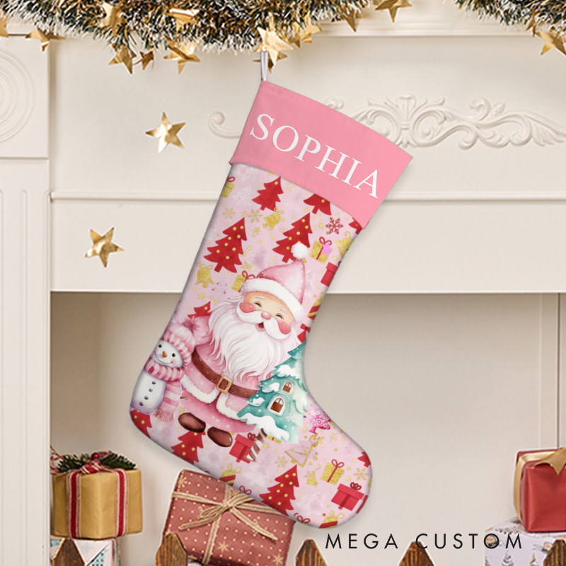Personalized Pink Santa and Snowman Christmas Stocking with Custom Name for Festive Holiday Decor