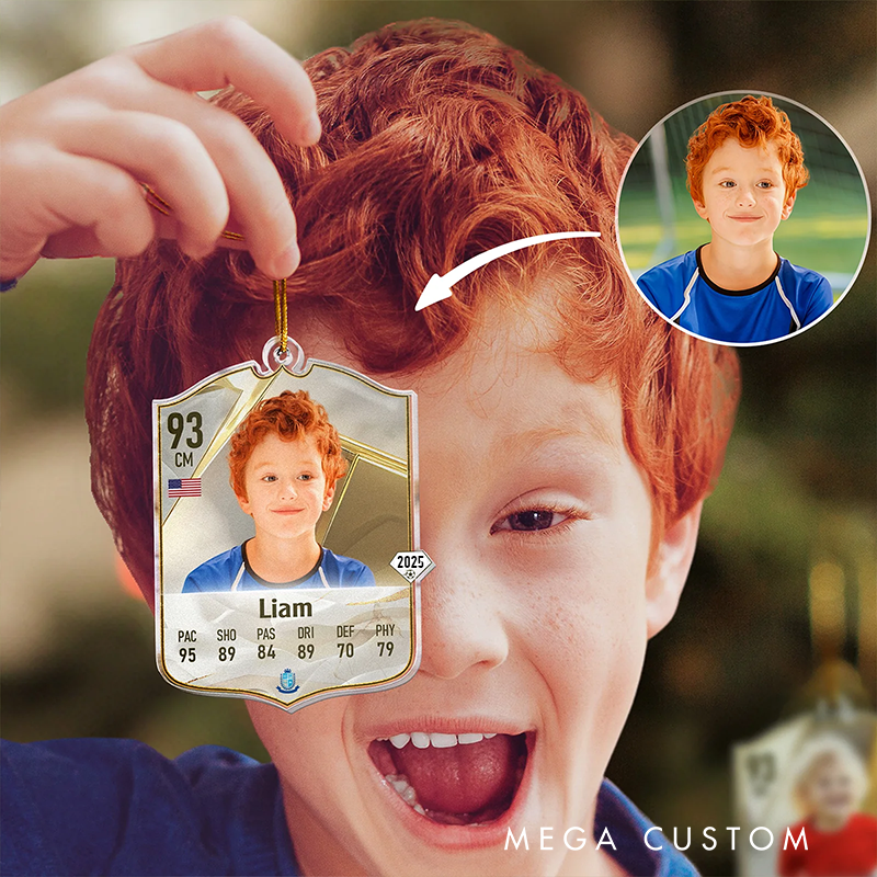 Personalized Soccer Card Acrylic Christmas Ornament with Custom Photo, Name, and Stats Design