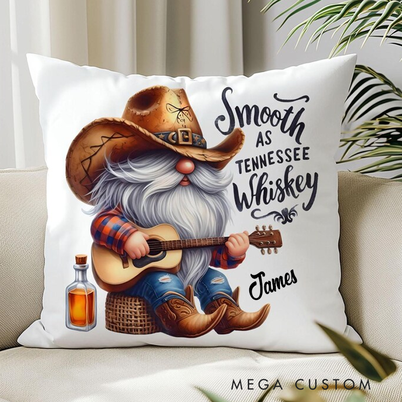Personalized Name Whiskey Gnome Pillow Country Gnome Decor Cowboy Gnome Pillow Rustic Farmhouse Cushion Guitar Lover Gift