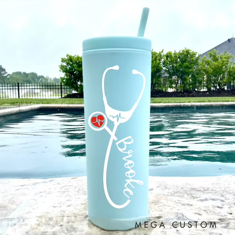 Personalized Nurse Tumbler with Straw Stethoscope RN Nurse Gift Doctor Gift Nurse Assistant Heartbeat Nursing Student