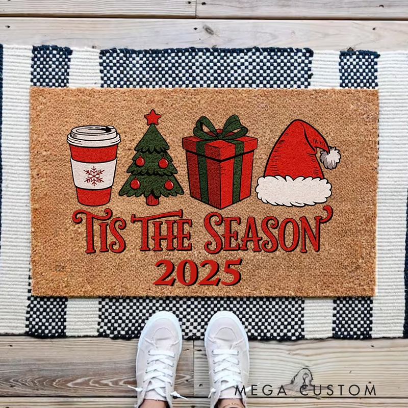 Personalized Tis The Season Christmas Doormat Holiday Welcome Mat with Christmas Tree Santa HatFestive Front  Winter Decoration Christmas Door Decor