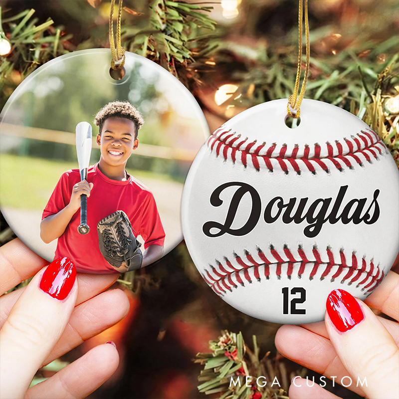 Personalized Sports Christmas Ornament with Custom Photo, Name, and Number Design