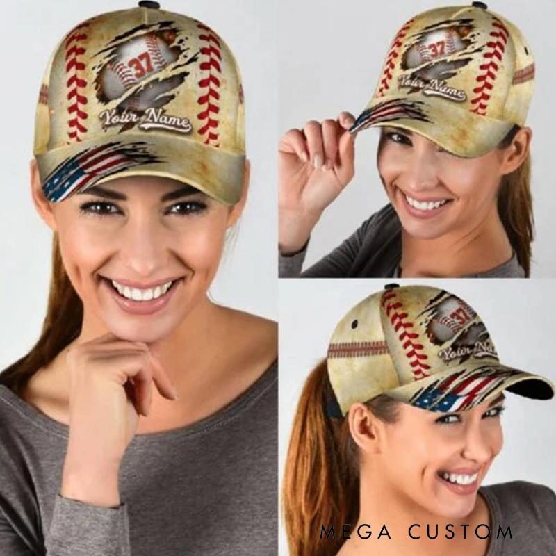 Personalized Baseball Cap with Torn Design Custom Name Number and Flag Details  