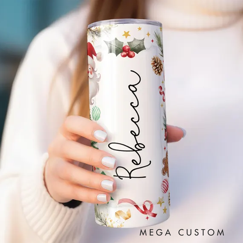 Personalized Name Santa Tumbler 20oz Merry Christmas Skinny Tumbler With Lid and Straw New Year Holiday Gift Xmas Tumbler Cup