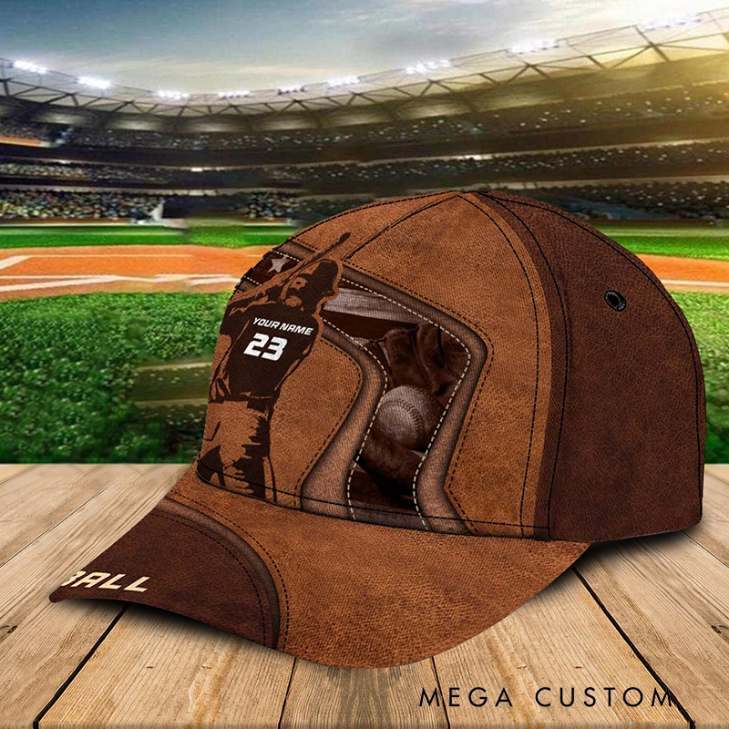 Personalized Baseball Cap with Custom Name Number and Baseball Player Silhouette Design