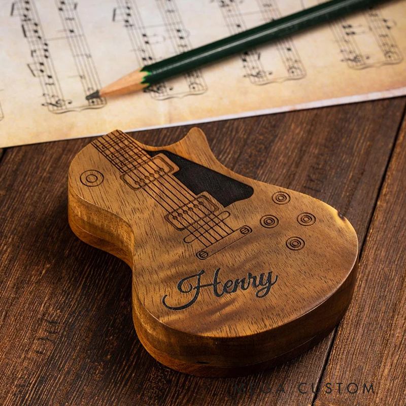 Personalized Wooden Guitar Picks with Storage Case Engraved Holder Box for Pick Set Gift for Guitar Player Musician Birthday Gift Idea
