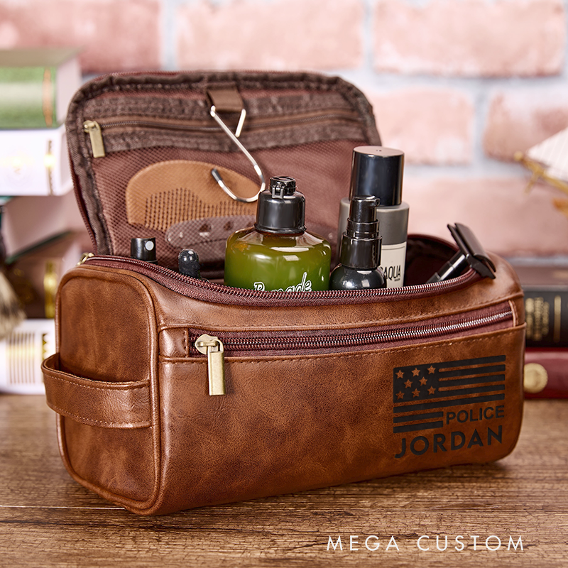 Personalized Leather Toiletry Bag for Policeman Leather Bag for Officer Police Officer Gift Police Dopp Kit