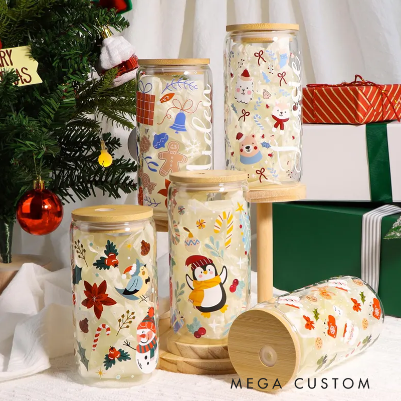 Personalized Christmas Tree Snack Glass Iced Coffee Cup with Lid