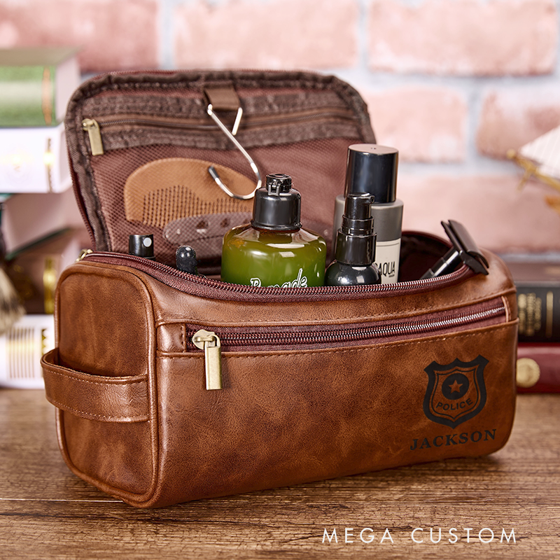 Personalized Leather Toiletry Bag for Policeman Leather Bag for Officer Police Officer Gift Police Dopp Kit