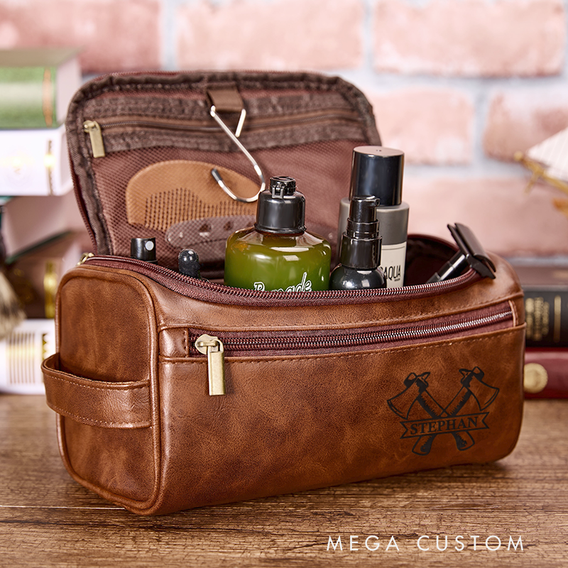 Personalized Leather Toiletry Bag with Crossed Axes Leather Bag for Fireman Police Dopp Kit