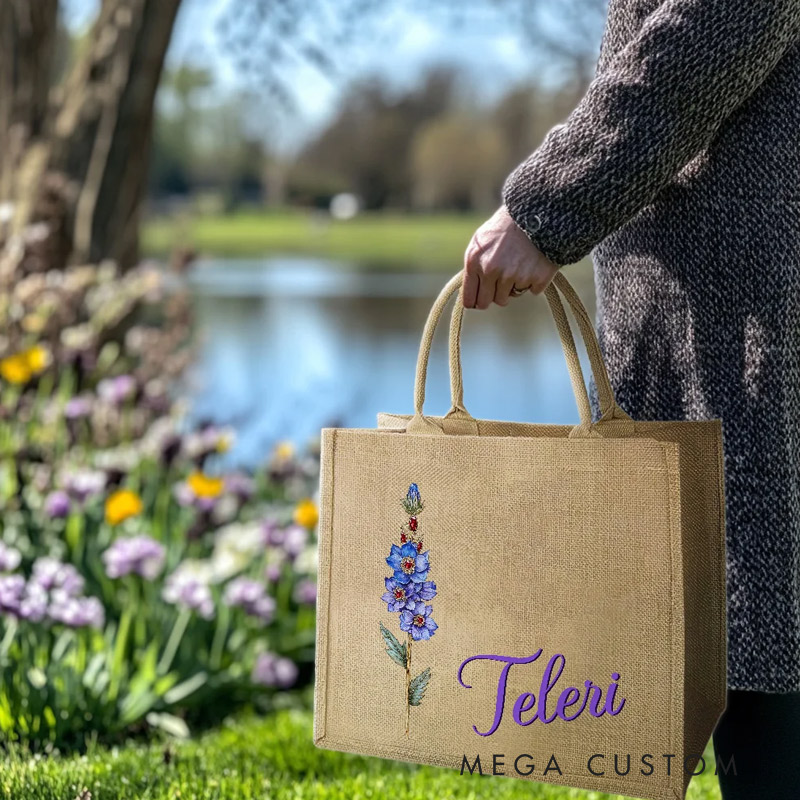 Personalized Retro Oil Painting Birth Flower with Birthstone Custom Name Jute Tote Bag Travel Gift Mother's Day Gift Gardening Lovers Gift 
