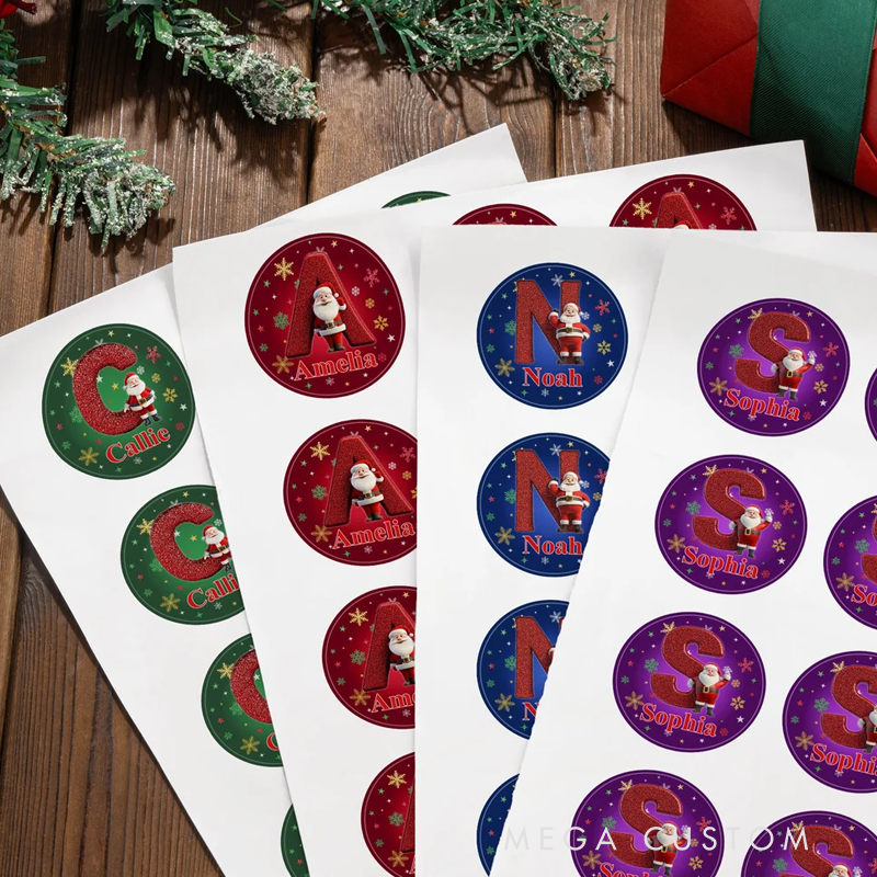 Personalized Cartoon Santa Claus Initial Waterproof Stickers with Name Gift Decor Christmas Party Favor for Friends Family