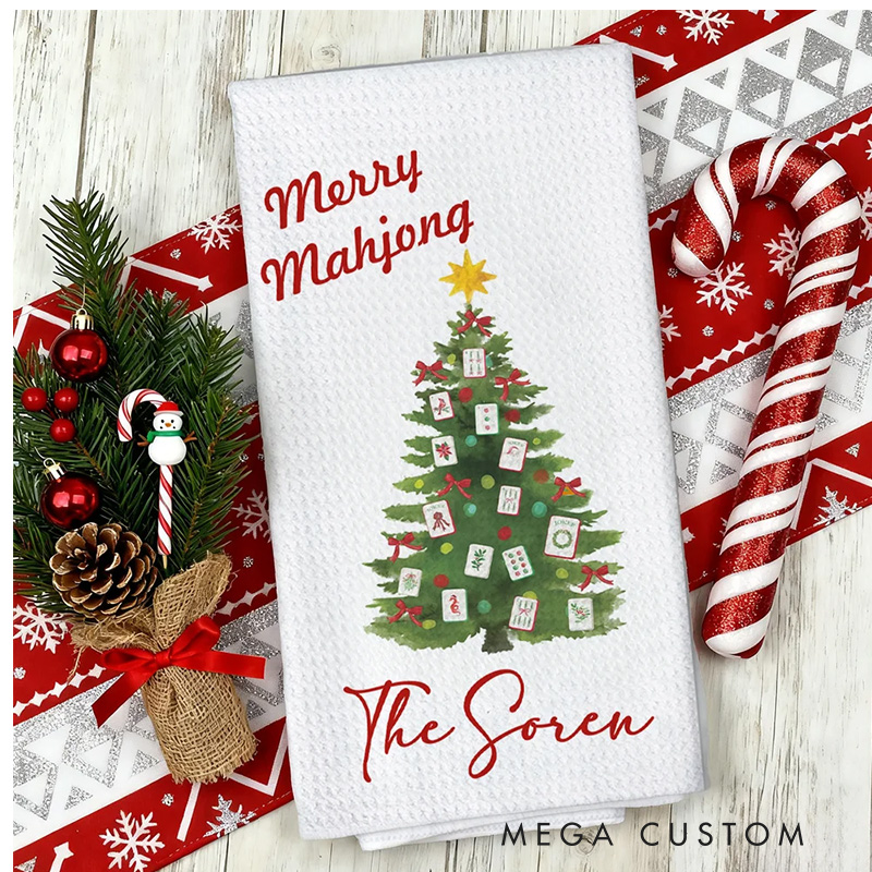 Personalized Bow Garland Christmas Tree Mahjong Waffle Kitchen Towel with Name Baking Tea Dish Towel Holiday Christmas Gift for Family Friend Baking Lover Gift