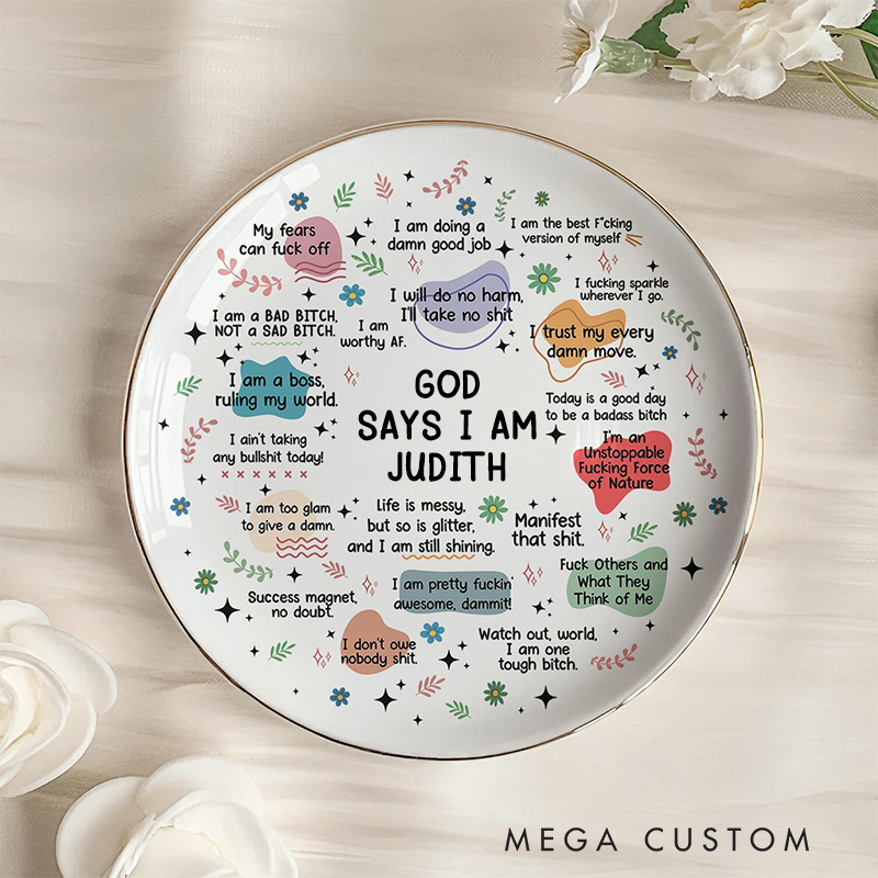 Personalized God Says I am Ceramic Square Round Ring Dish with Name Jewelry Dish Religious Gift for Her Daily Affirmations Gift Funny Gift
