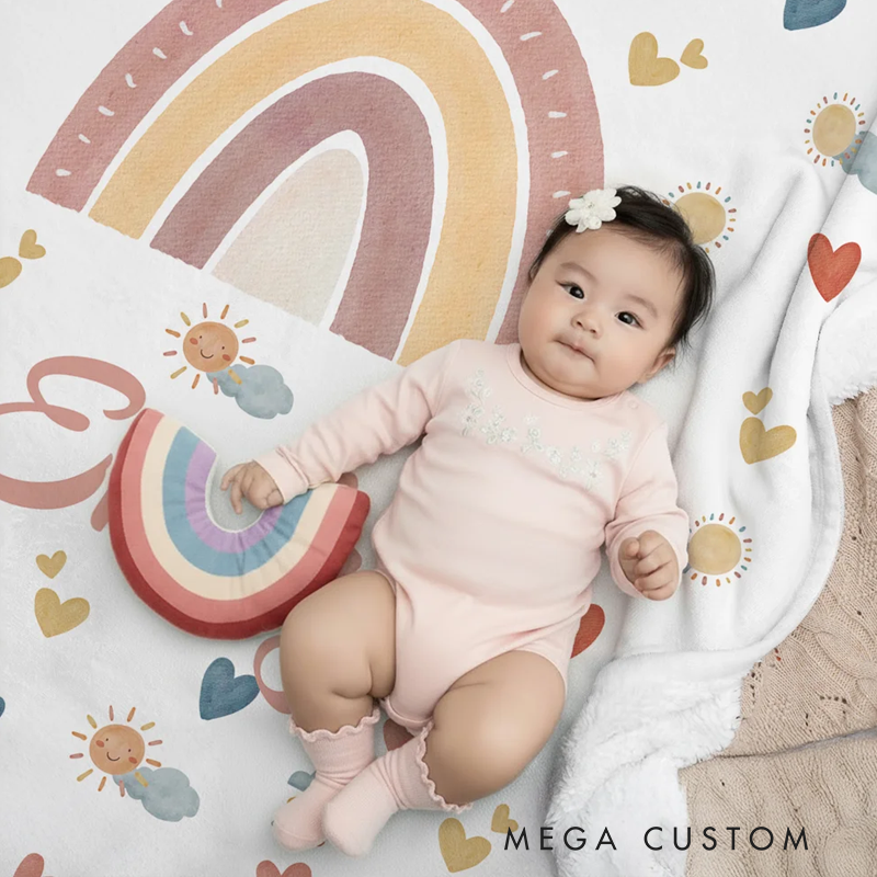 Personalized Heart Cloud Smiling Sun Rainbow Soft Throw Blanket with Name Home Decor Christmas Birthday Gift for Kids