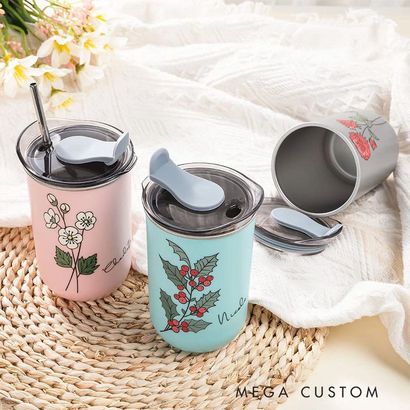 Personalized Watercolor Birth Flower Tumbler with Name Insulated Coffee Straw Tumbler Housewarming Birthday Party Favor Gift Trip Girl  Gift 
