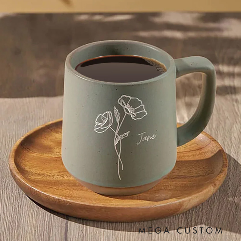 Personalized Birth Flower 12oz Mug Retro Handmade Stoneware Coffee Tumbler with Name Housewarming Birthday Mother's Day Gift for Mom Grandma