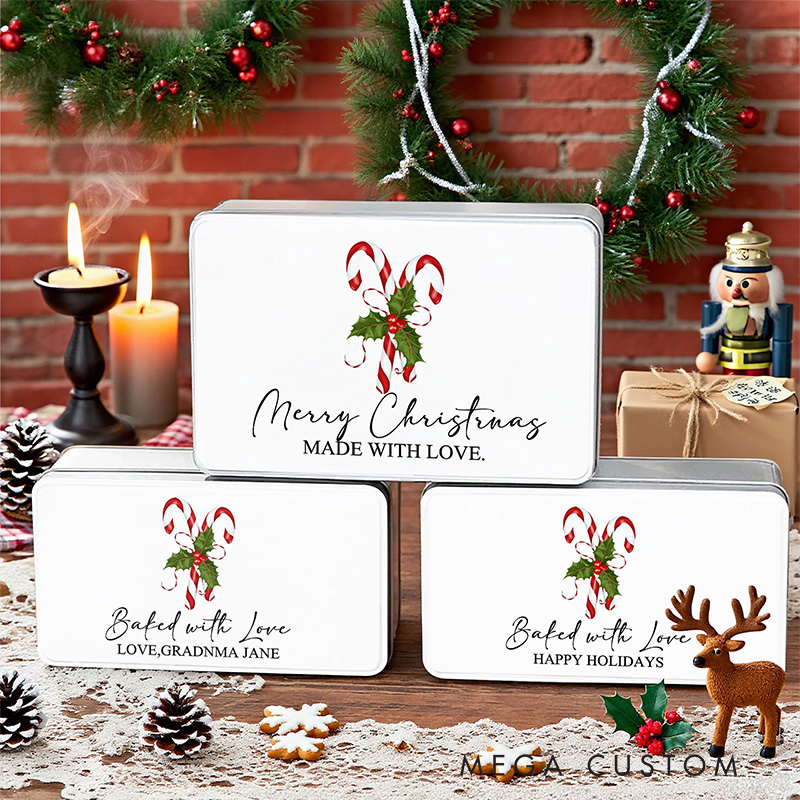 Personalized Christmas Candy Cane Metal Biscuit Tin Box with Text Christmas Gift for Family Kids Baking Lover Gifts