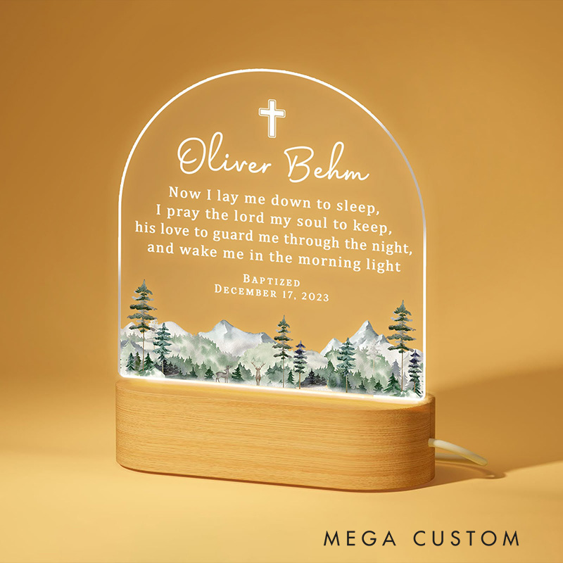 Personalized Cross Mountain Baptism LED Night Light with Wooden Base with Name and Date Nursery Decor Baptism Christening Dedicated Gift for Boy