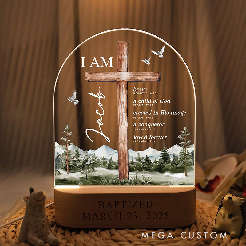 Personalized Cross Mountain Bible Verse Baptism LED Night Light with Wooden Base with Name and Date Nursery Decor Baptism Gift for Godson