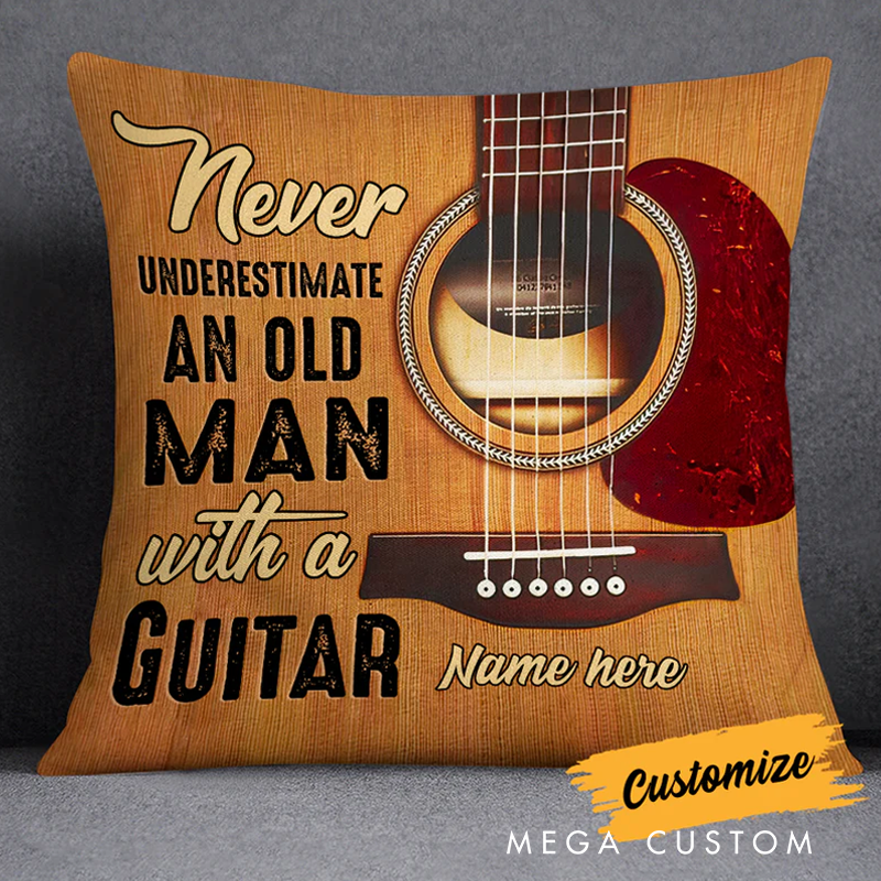 Personalized Name Throw Pillow Never Underestimate an Old Man With a Guitar for Music Lover Guitar Lovers Custom Gift