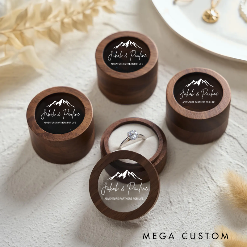 Personalized Wooden Round Ring Box Custom Adventure Partners for Life Ring Box Couple Gift for Her Him