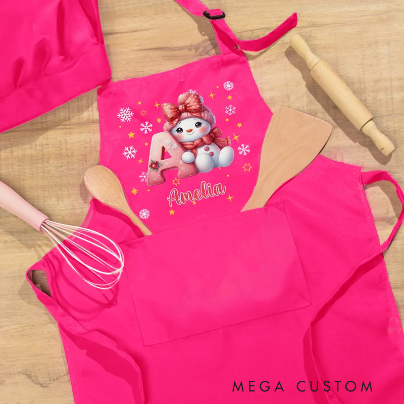 Personalized Cartoon Christmas Hat Snowman Initial Adjustable Kid Apron Chef Hat Set with Name and Pocket for Cooking Christmas Gift for Kids