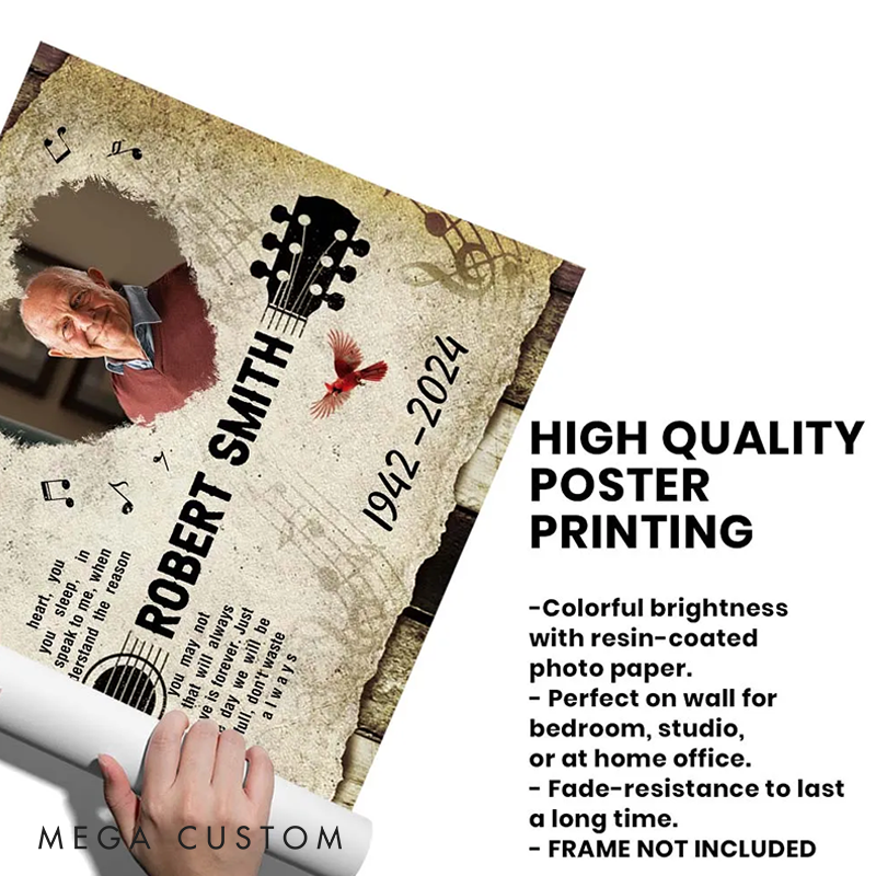 Personalized Memorial Gift With Guitar and Cardinal Music on Poster