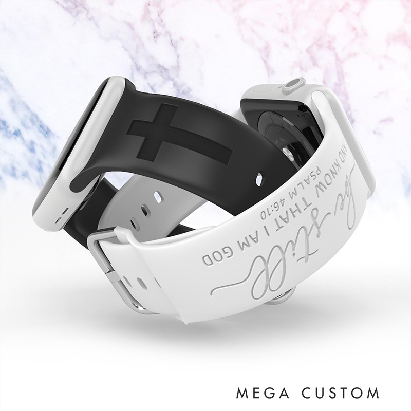 Personalized Be Still Cross Silicone Watch Band with Name for Apple Watch Engraved Psalm 46:10 Bible Verses Watch Band Religious Christian Gift