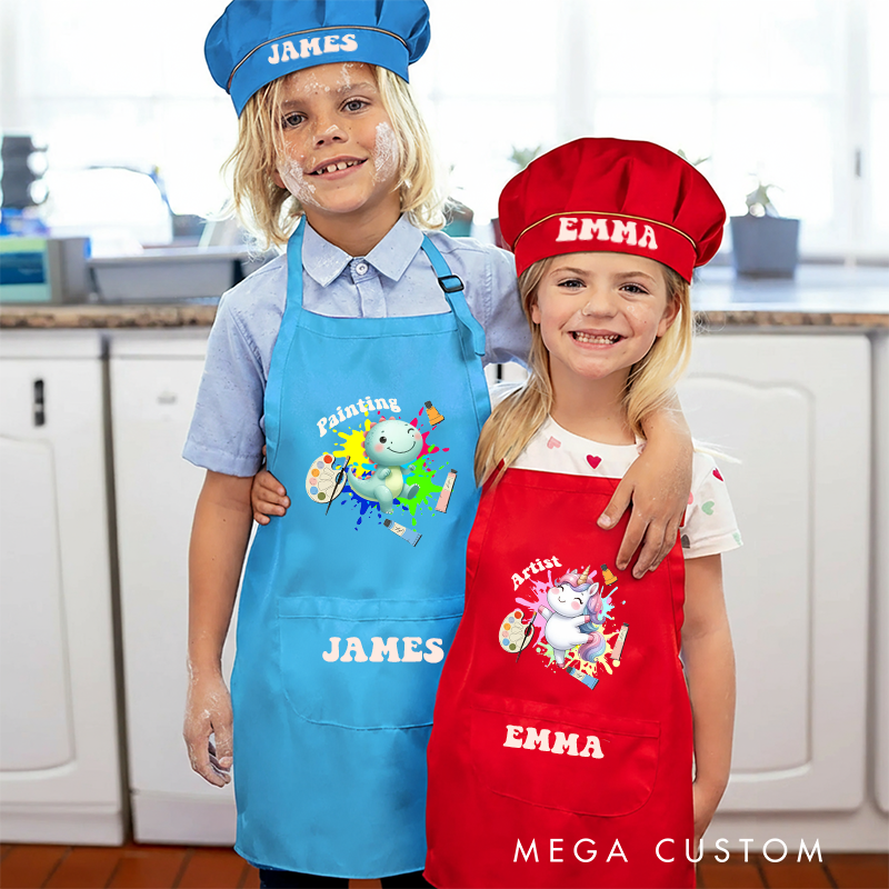 Personalized Cute Animal Kids Art Apron Fantasy Unicorn Kid Apron Chef Hat Set with Name Cooking Handcraft Activities Birthday Holiday Gift for Kids