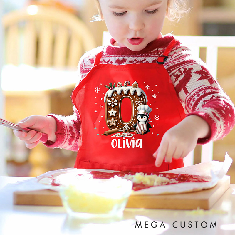 Personalized Cute Penguin Cookie Initial Adjustable Kid Apron Chef Hat Set with Pocket for Cooking Christmas Birthday Gift for Boys Girls