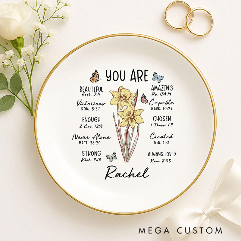 Personalized You are Birth Flower Ceramic Square Round Heart Ring Dish with Name Christian Jewelry Dish Bible Verse Ring Dish Gift for Her Faith Gift