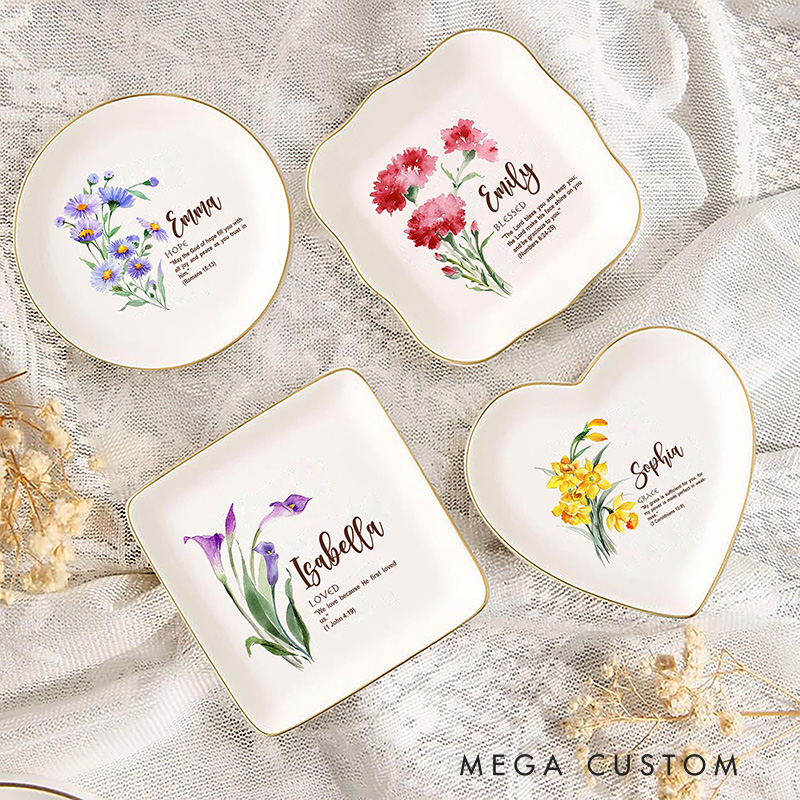 Personalized Bible Verse Watercolor Birth Flower Ceramic Ring Dish with Name Christian Floral Trinket Dish Faith Jewelry Dish Gift for Her