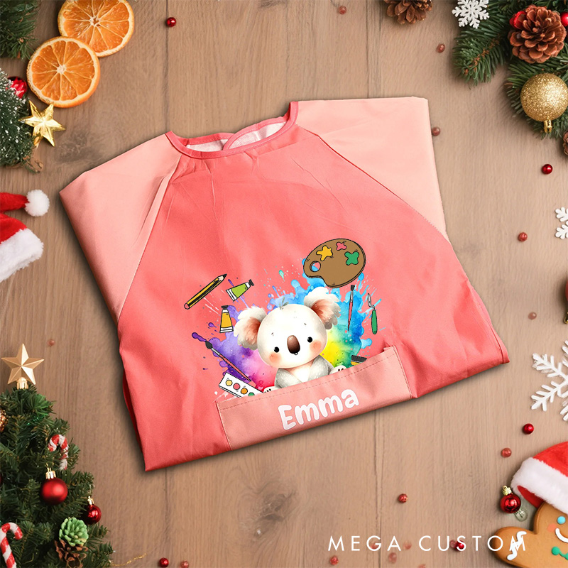 Personalized Cute Animal Kids Art Apron Long Sleeve Kid Apron with Name Painting Handcraft Activities Birthday Holiday Gift for Kids