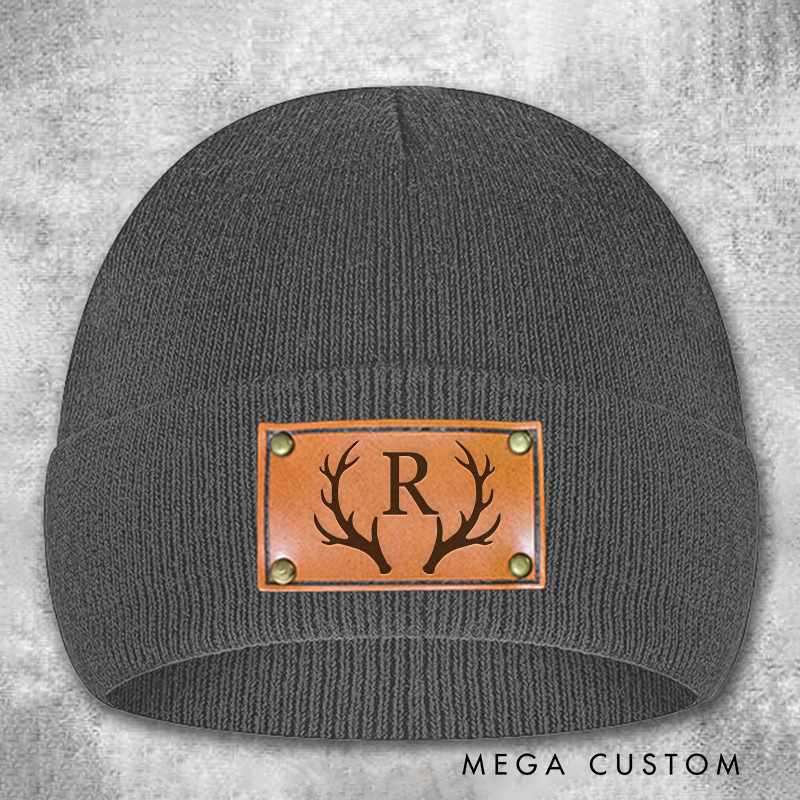 Personalized Leather Patch Beanie Classic Winter Hat Custom Deer Hunter Beanie Hat Hunter Gift for Husband Dad Boyfriend