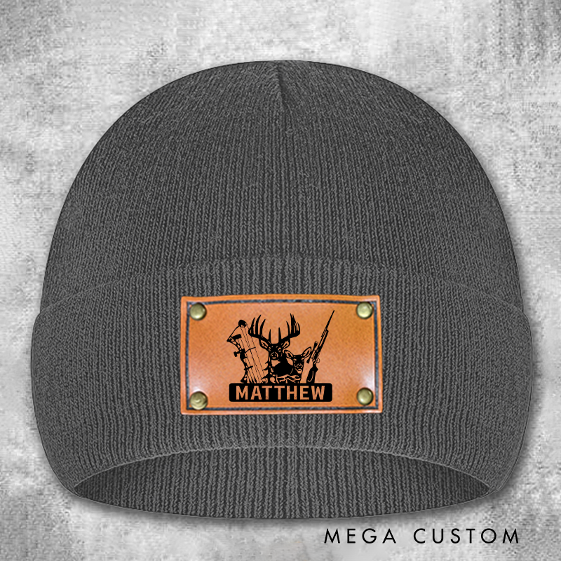 Personalized Bow and Hunting Rifle Winter Hat for Dad Custom Deer Hunter Beanie Hat Hunter Gift for Husband